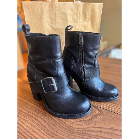 Allsaints Black Moto Shearling Fur Lined Boots Block Heels Chunky size 36 (US6) - Picture 2 of 11